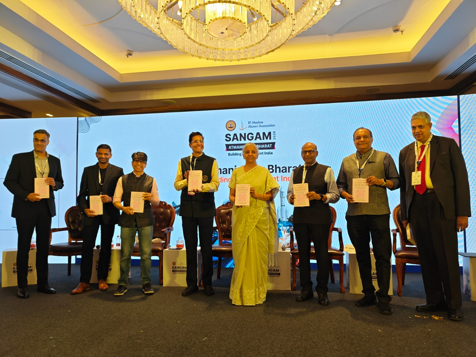 Cashless Nation launch at Sangam 2026, Bengaluru — Smt. Nirmala Sitharaman with the authors and panelists